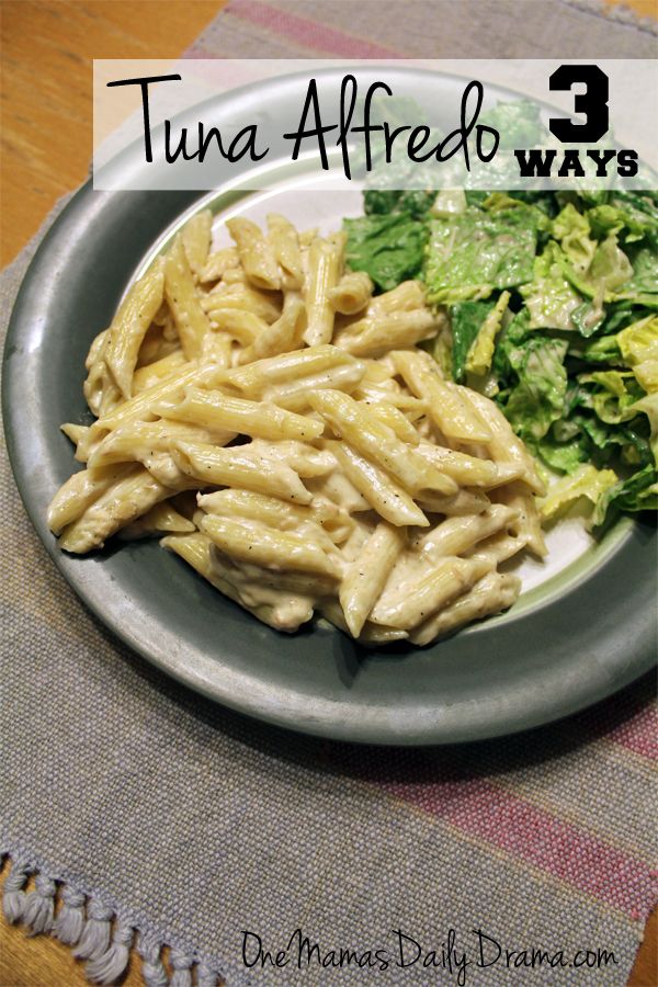 a plate with pasta, lettuce and salad on it that says tuna alfredo ways