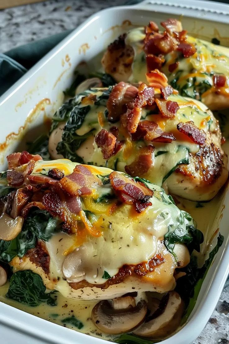 a casserole dish with chicken, spinach and bacon in it on a table