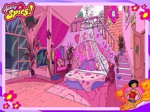 an animated image of a bedroom with pink walls and purple carpeted flooring in the background