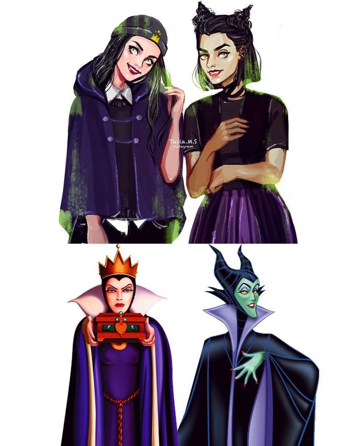 two women dressed as maleficent and female villain from disney's the little mermaid