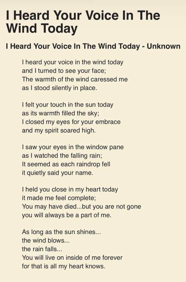 a poem with the words i heard you voice in the wind today, written on it