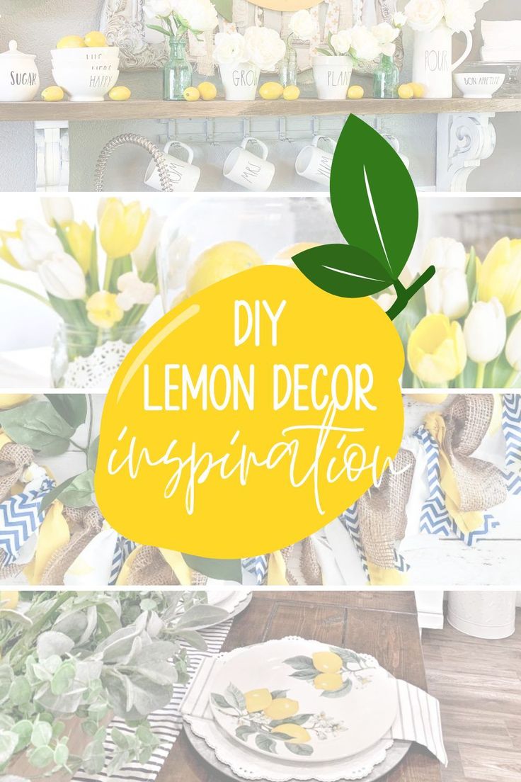 a lemon sitting on top of a wooden table next to plates and vases filled with flowers