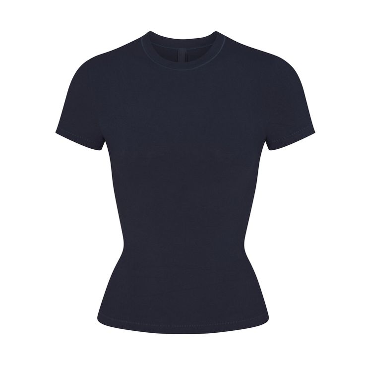 The perfect crewneck tee, this breathable, everyday classic is made with cool, comfortable stretch-cotton and finished with sporty stitching. | SKIMS T-Shirt | Blue | 2XS | Cotton Jersey Modern Family, Dream Clothes, Black Top, Jersey T Shirt, Cute Tops, Shirt Sleeves, Workout Shirts, Shirt Design, Black Shirt