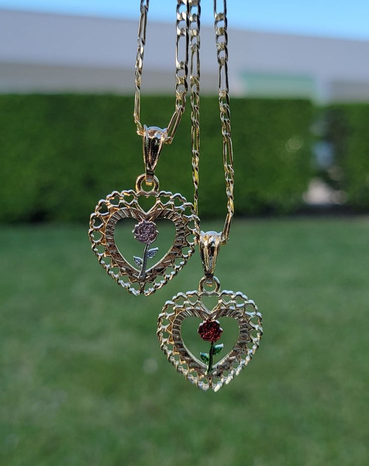 Whether to dress up, or dress down, this piece is truly the perfect accessory for any wardrobe or style! Pendant Height: 1.25" inch Includes 20" inch chain 14K Gold Plated Light Pink Rose, Rose Heart, Rosé Heart, Red Rose, Heart Necklace, Pink Rose, Washer Necklace, Red Roses, Light Pink