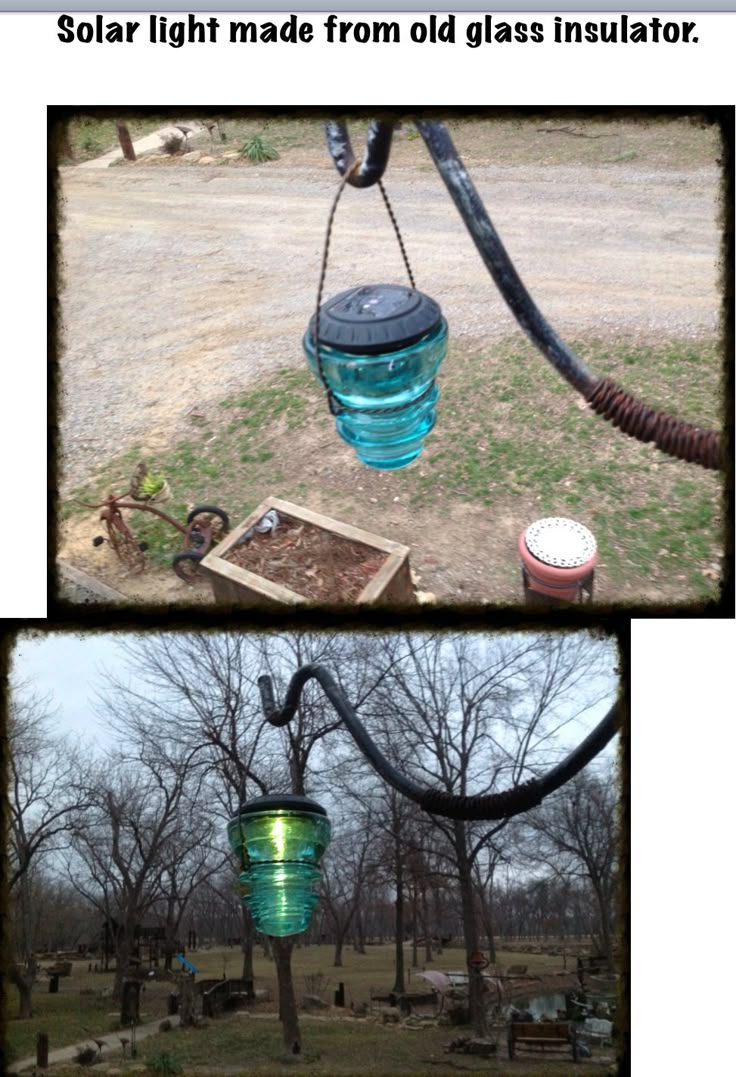 three pictures showing the process of making solar light made from old glass insulators