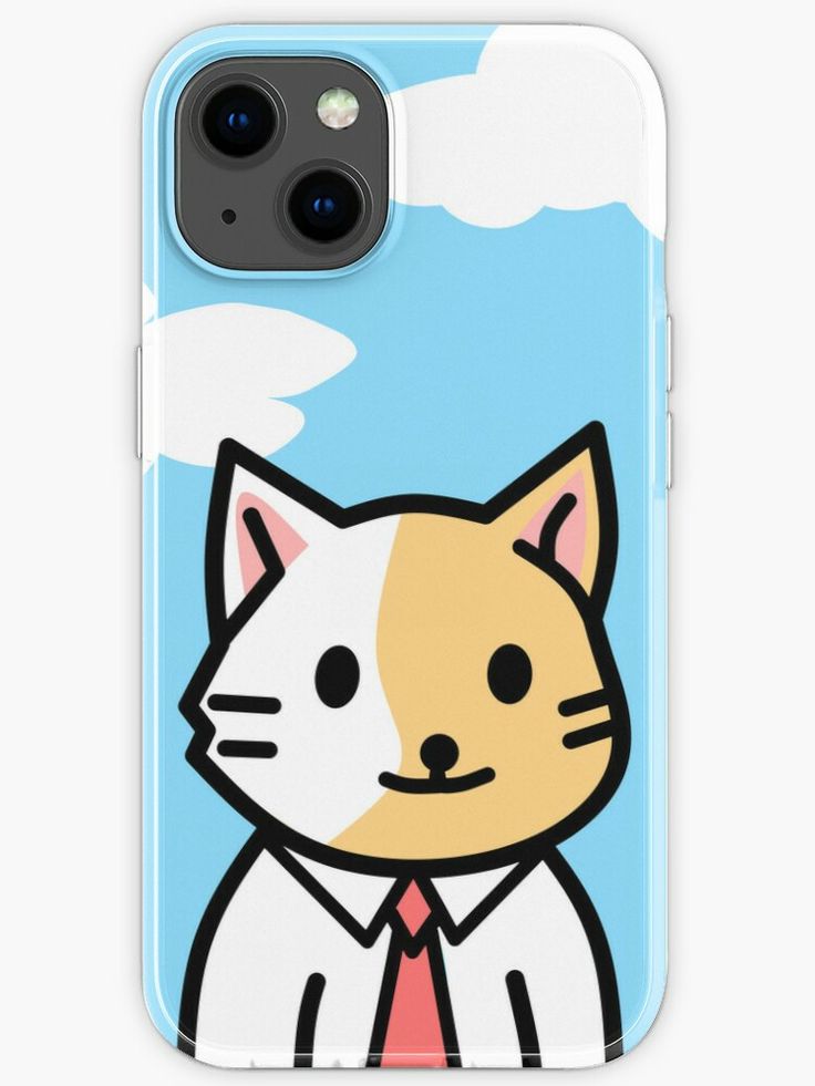 a phone case with a cat wearing a tie and clouds in the sky behind it