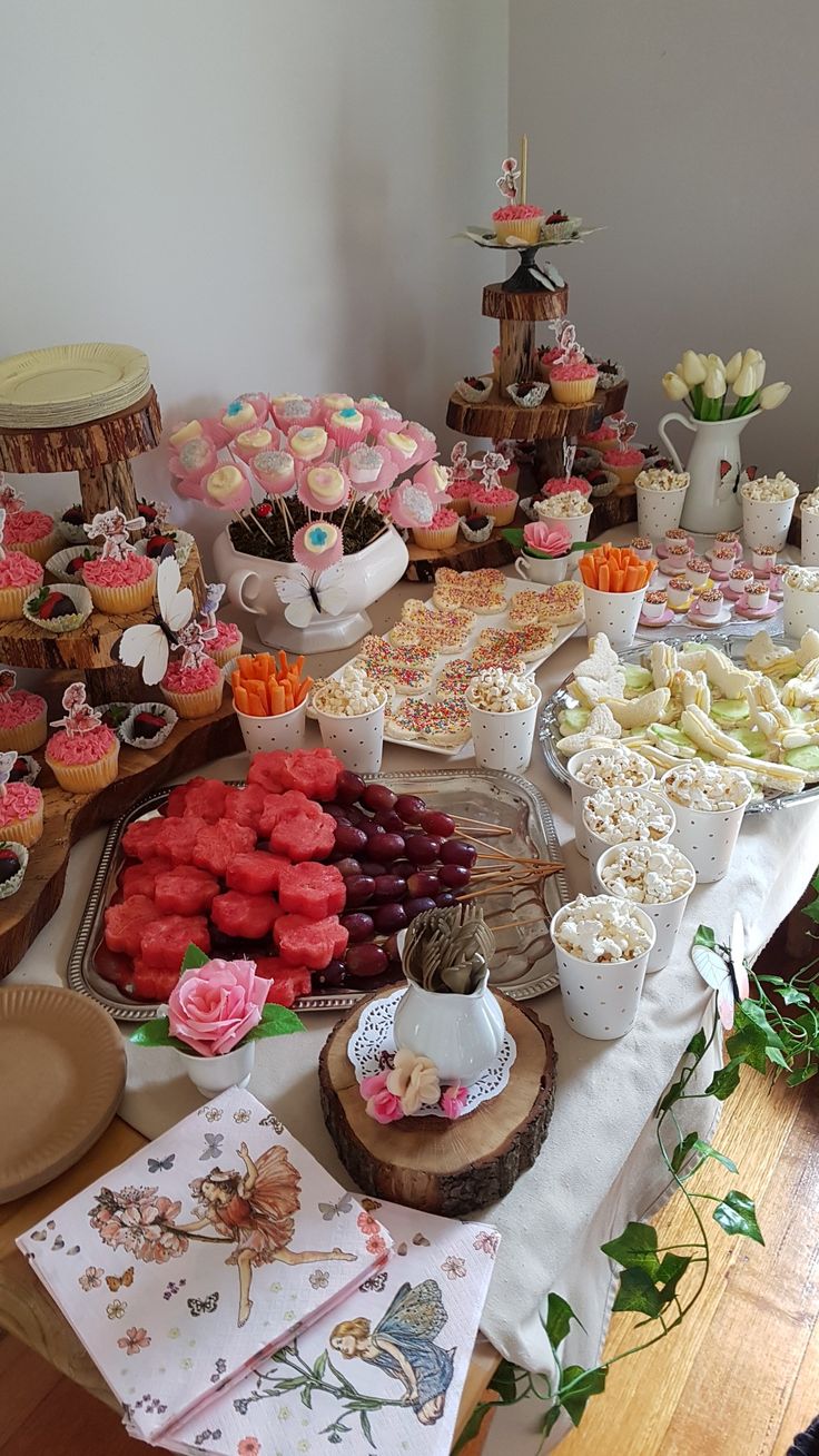 a table filled with lots of food and desserts