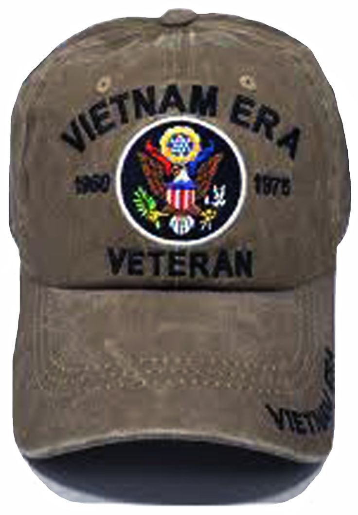 US Vietnam War ERA Veteran tan Hat, 1960 to 1975 Embroidered letters Celebrates the service of Vietnam ERA Veterans Adjustable strap to fit most adults, men and some women Pre-curved bill. Structured, low-profile crown, button top and sewn eyelets for ventilation Durable, soft brushed Cotton Dark khaki brown, black colors Veteran Hats, Tan Hat, Embroidered Letters, American Veterans, Womens Khakis, Cap Mens, Army Veteran, Baseball Caps Mens, Dark Khaki