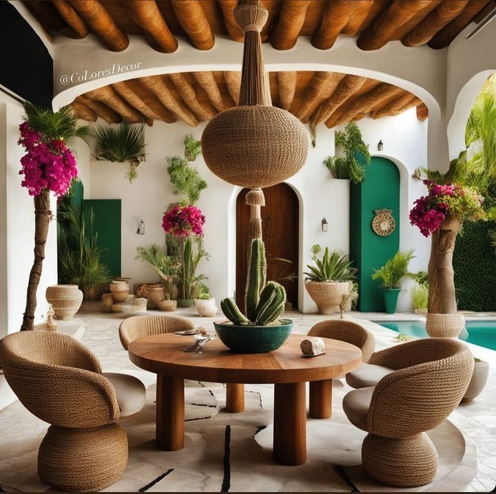 an outdoor dining area with wicker furniture and potted plants on the table in front of a pool