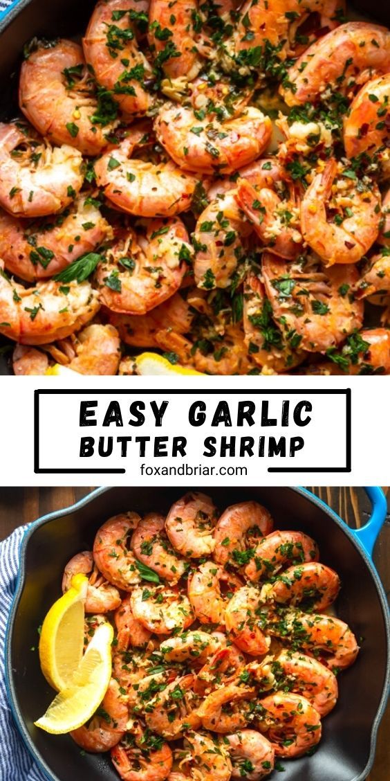 easy garlic butter shrimp recipe in a skillet with lemon wedges and parsley