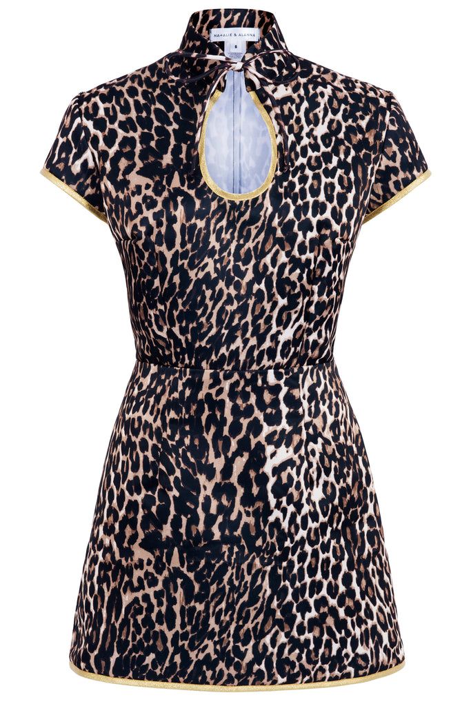 Anna Mae Leopard Satin Mini Dress - Made to Order Luxury Spring Mini Dress For Costume Party, Luxury Summer Mini Dress With Back Zipper, Luxury Summer Vintage Dress For Women, Luxury Fitted Summer Mini Dress, Luxury Summer Dress For Costume Party, Luxury Mini Dress For Summer, Mary Kate Mini Dress, Luxury Summer Party Belted Dress, Luxury Chic Mini Dress For Women