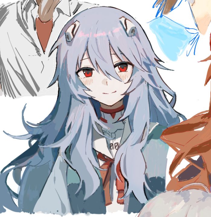 an anime character with long blue hair and red eyes, standing next to another character