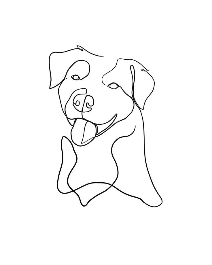 a black and white drawing of a dog's face with its tongue hanging out