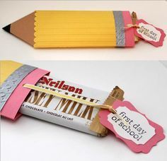 two pictures of pencils with paper tags attached to them, one is yellow and the other is pink