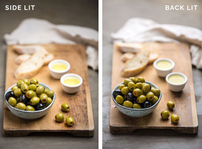 two pictures of olives and bread on a cutting board with dipping sauce in small bowls