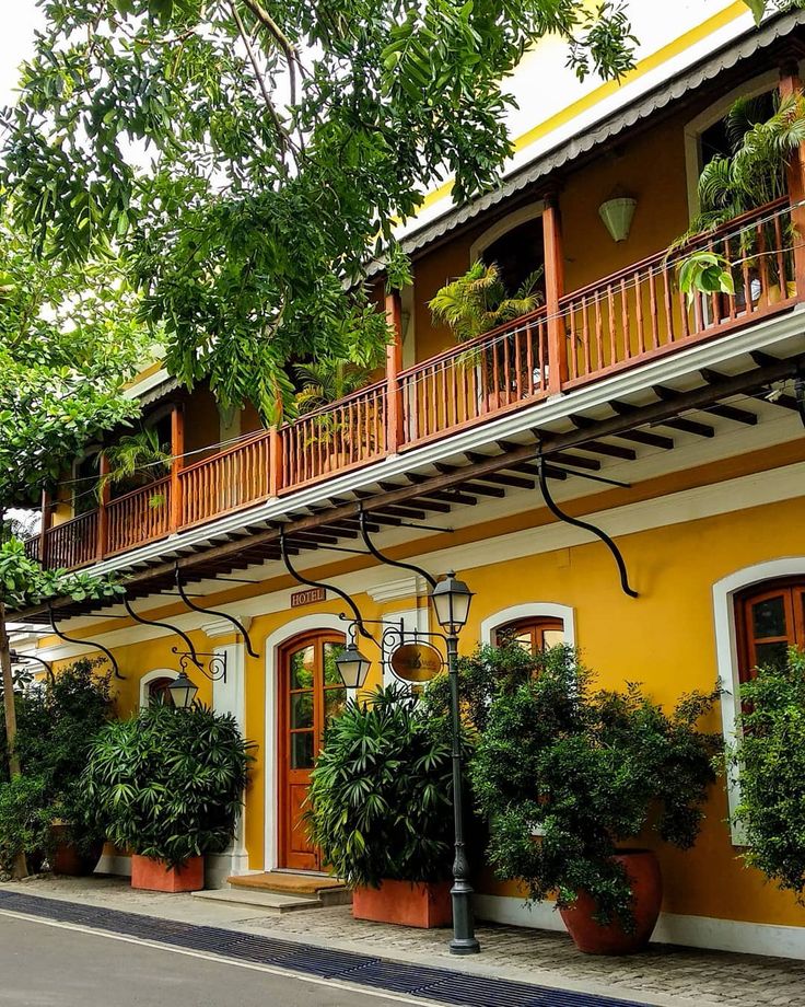 an orange and yellow building with potted plants