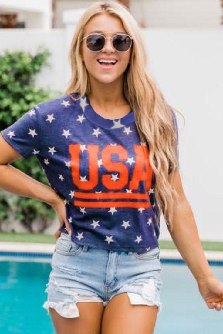 Vintage Usa Stripes Cropped Graphic Tee Blue Crew Neck Top For 4th Of July, Casual Blue Tops With American Flag Print, Casual Blue Tops With Flag Print, Trendy Crew Neck Top With Flag Print, Trendy Summer Tops With Flag Print, Trendy Crew Neck Top For 4th Of July, Trendy American Flag Summer Top, American Flag Print Crew Neck Top For Spring, Trendy American Flag Print Top For Summer