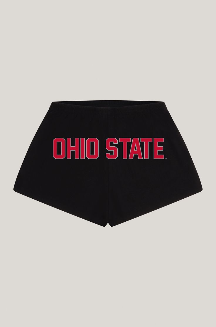 Basic booty shorts with elastic waistband and side pockets. Printed logo on the back. About the Style: 95% Cotton, 5% Spandex Sits on the hip. Option to fold waistband Screen Print logo Ohio State Apparel, Soffee Shorts, Ohio State Outfit, College Gameday Outfits, Gameday Outfits, Soffe Shorts, Ohio State University, Gameday Outfit, Ohio State