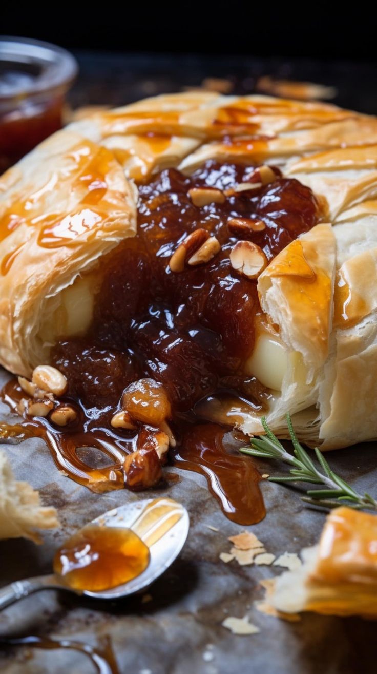 the pastry is covered with caramel sauce and nuts