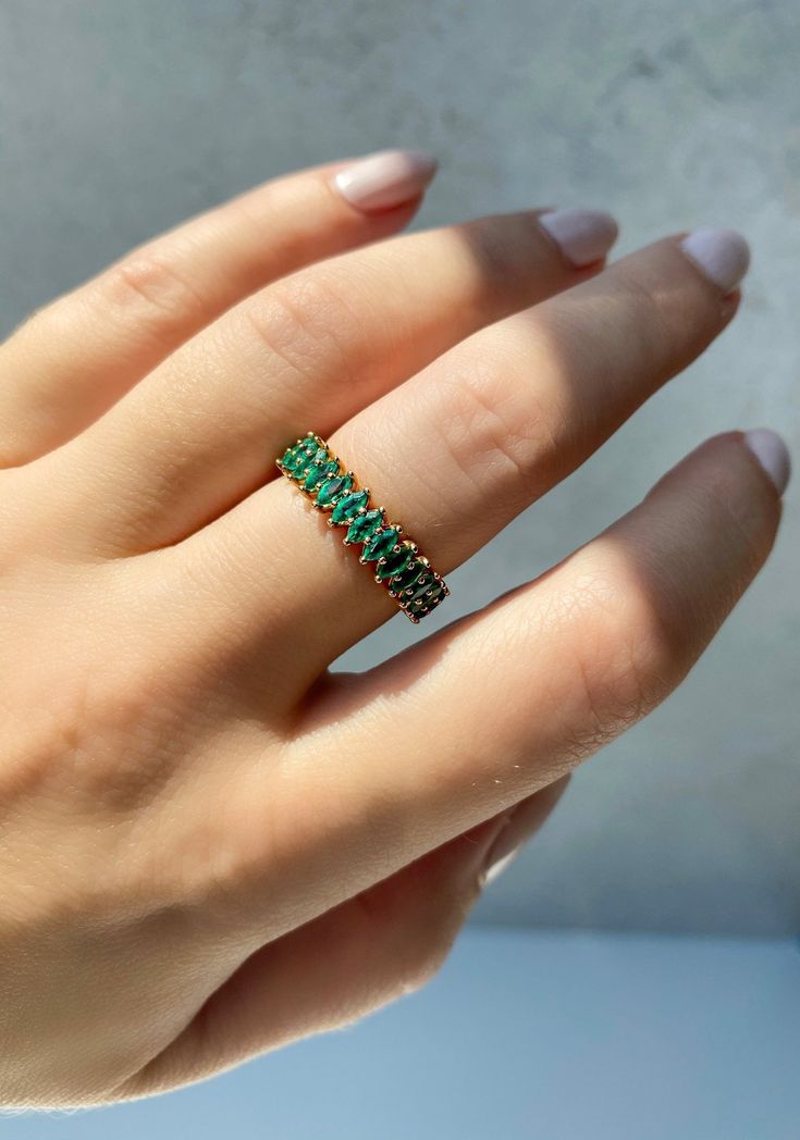 18k Gold Emerald Eternity Ring - YAREMA JEWELRY Stack Rings Wedding Emerald, Luxury Classic Emerald Stackable Rings, Luxury Minimalist Gold Emerald Ring, Luxury Minimalist Emerald May Birthstone Ring, Luxury Minimalist Emerald Ring, Luxury Stackable Emerald Ring For Gift, Luxury Emerald Stackable Rings For May Birthstone, Eternity Ring Emerald, Emerald Gemstone Ring