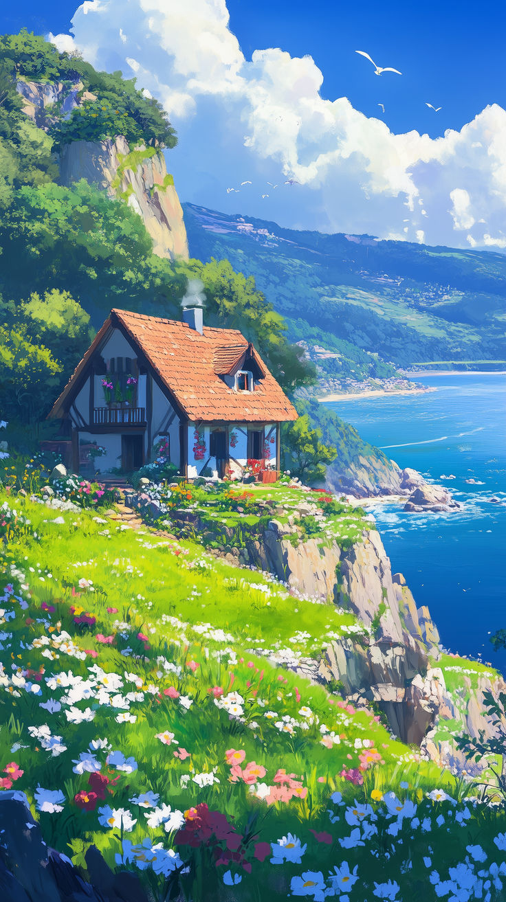 a painting of a house on the side of a cliff with flowers in front of it