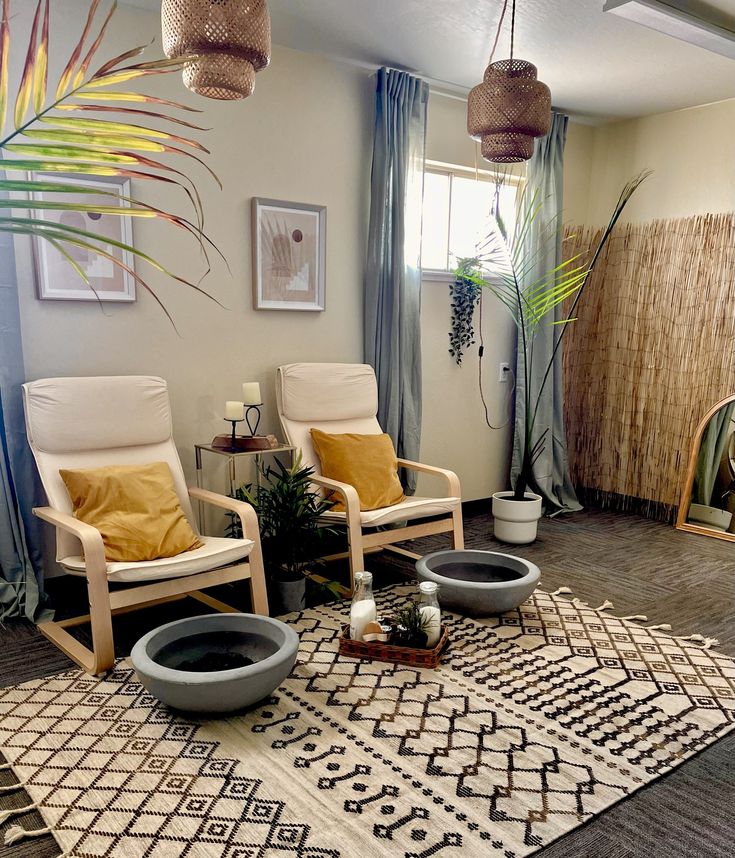 a living room with two chairs and a rug in front of the window, next to a potted plant