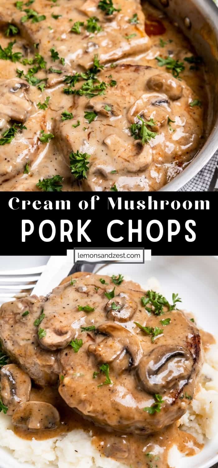 two pictures of pork chops with mushrooms and gravy