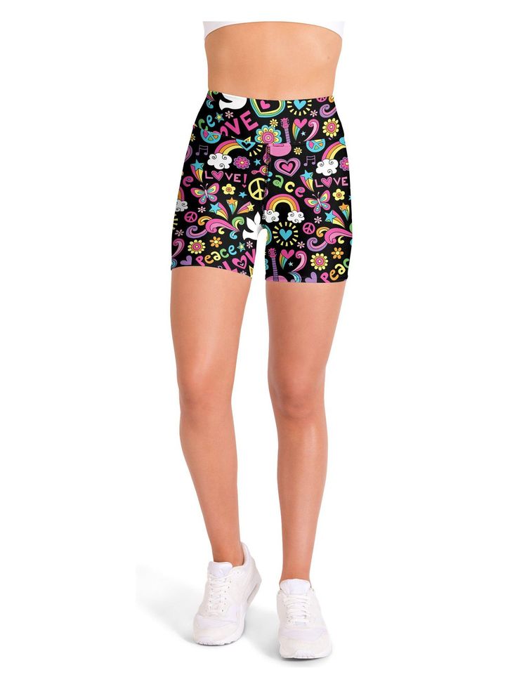 Spread some peace and love in these groovy sports shorts This Gearbunch Peace and Love Yoga shorts has it all, the peace symbol, rainbows, hearts, music, birds you name it all things peace and love are there. They are colorful and fun. A black base, the layers of bright blue, pink, yellow and orange really pop. Soft stretchy fabric and a wide waistband, these sports shorts are made to move with you; perfect for gym, running, yoga and all your favorite sports and hobbies. Be happy, Be Bright, Be Multicolor Yoga Shorts For Summer, Yellow Stretch Yoga Shorts, Black 4-way Stretch Shorts For Yoga, Multicolor Yoga Shorts, 4-way Stretch Yoga Shorts Sportswear, Peaceful Words, 100 Squats, Running Yoga, Black Order