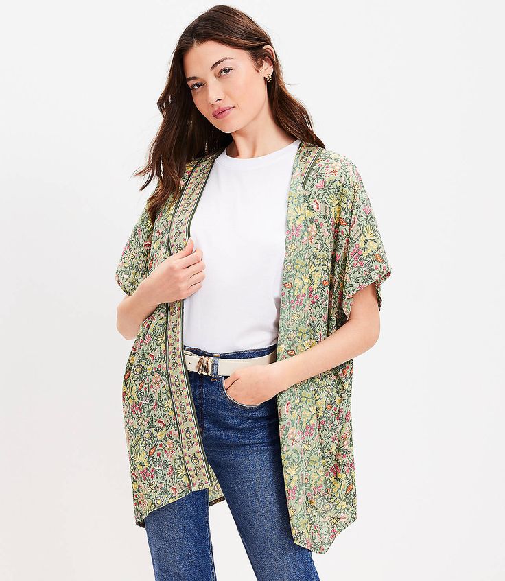 Garden Kimono Loft Store, Loft Outlet, Color Crush, Dolman Sleeve, Front Open, Scarf Wrap, Fabric Care, Effortless Style, Sewing