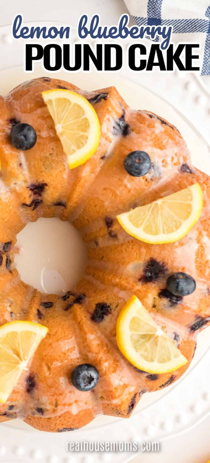 a lemon blueberry pound cake on a white plate