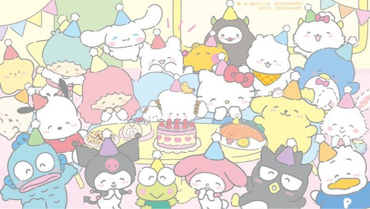 a group of cartoon cats standing around a table with a cake on top of it