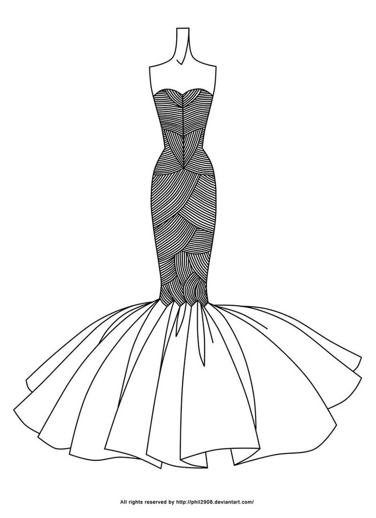 a line drawing of a dress on a mannequin form, with lines drawn across the skirt