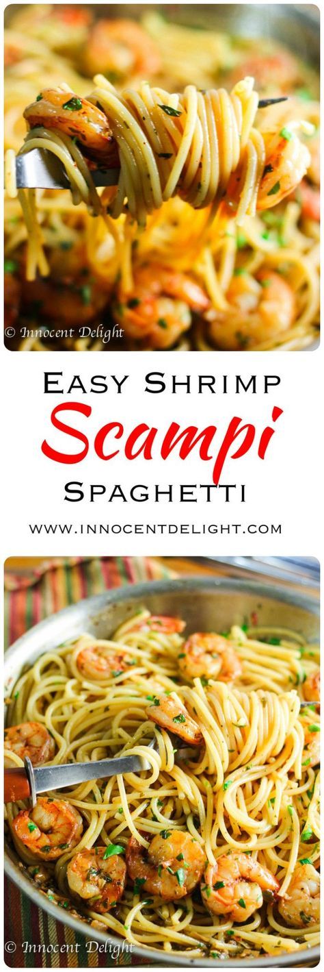 shrimp scampr spaghetti in a skillet with the words easy shrimp scampr spaghetti