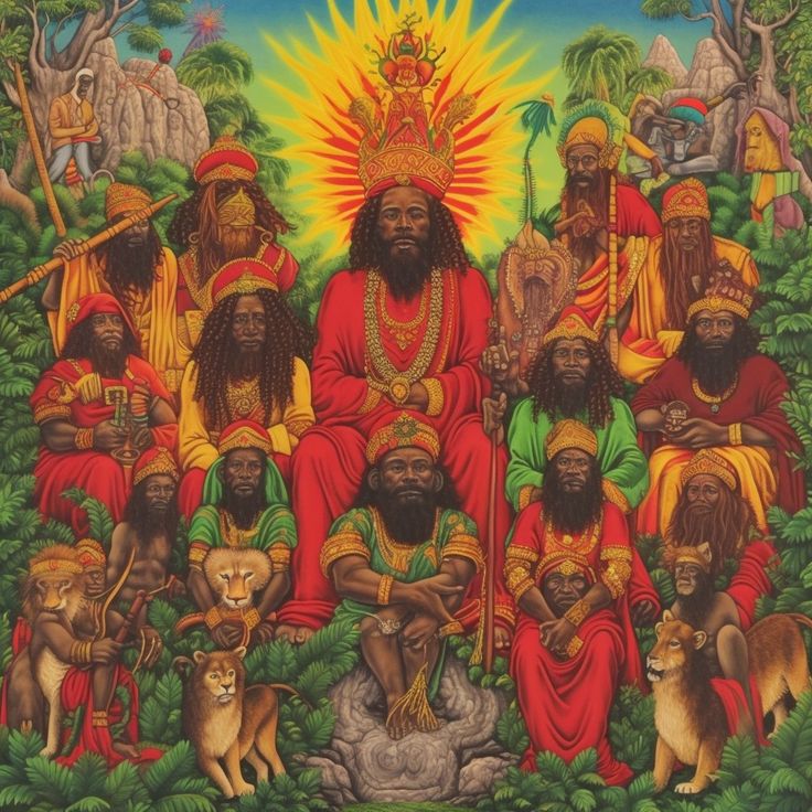 an image of a group of people in the jungle with dogs and cats around them