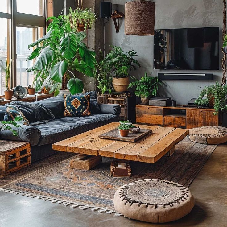 a living room filled with furniture and lots of plants on top of the tables in front of large windows