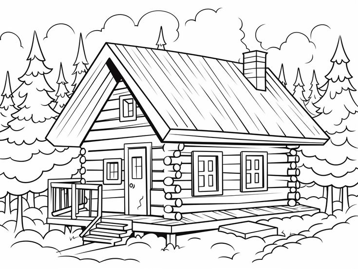 illustration of Dreamy cabin coloring scene Cozy Cabin In The Woods, Family Coloring Pages, 2024 Board, Coloring Page For Adults, Unique Coloring Pages, Black And White Cartoon, Relaxing Colors, Wooden Cabins, Rustic Retreat