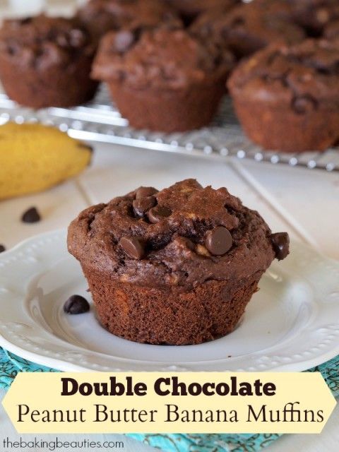 double chocolate peanut butter banana muffins on a plate with bananas in the background