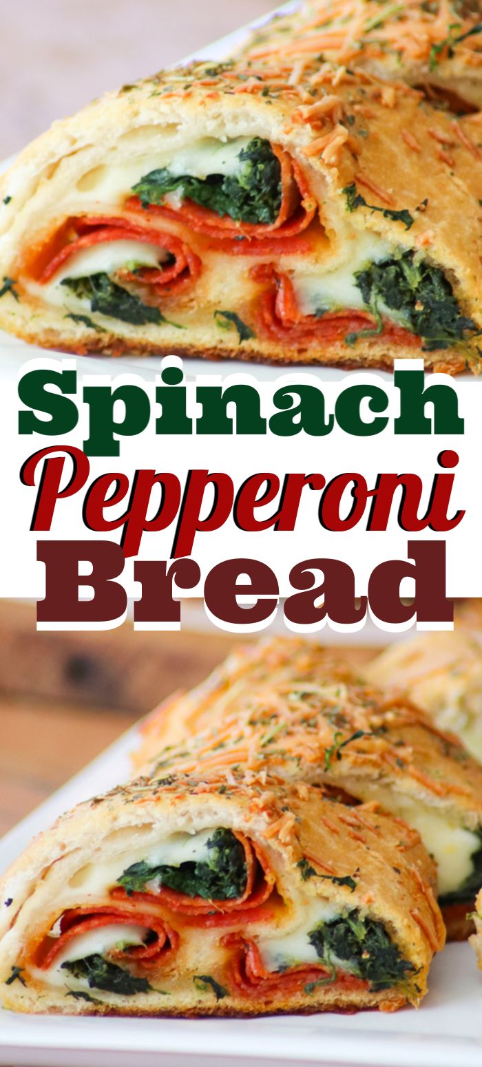 spinach, pepperoni and cheese bread is cut in half on a white plate