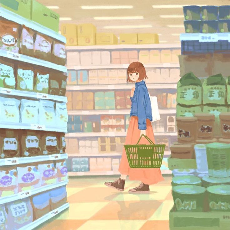 a woman walking through a grocery store holding a shopping basket