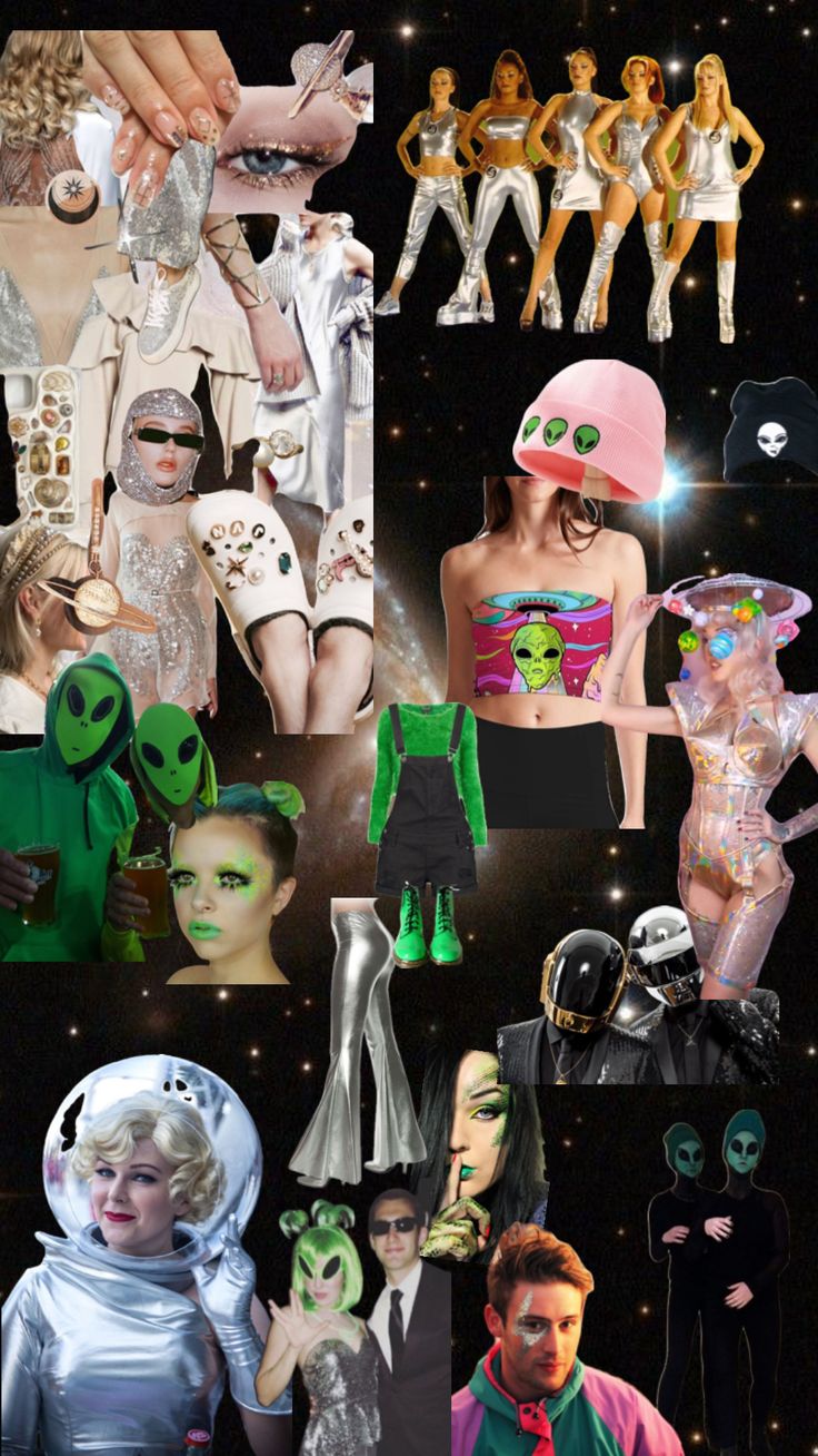 the collage shows many different people dressed in costumes and accessories, including one woman with green hair