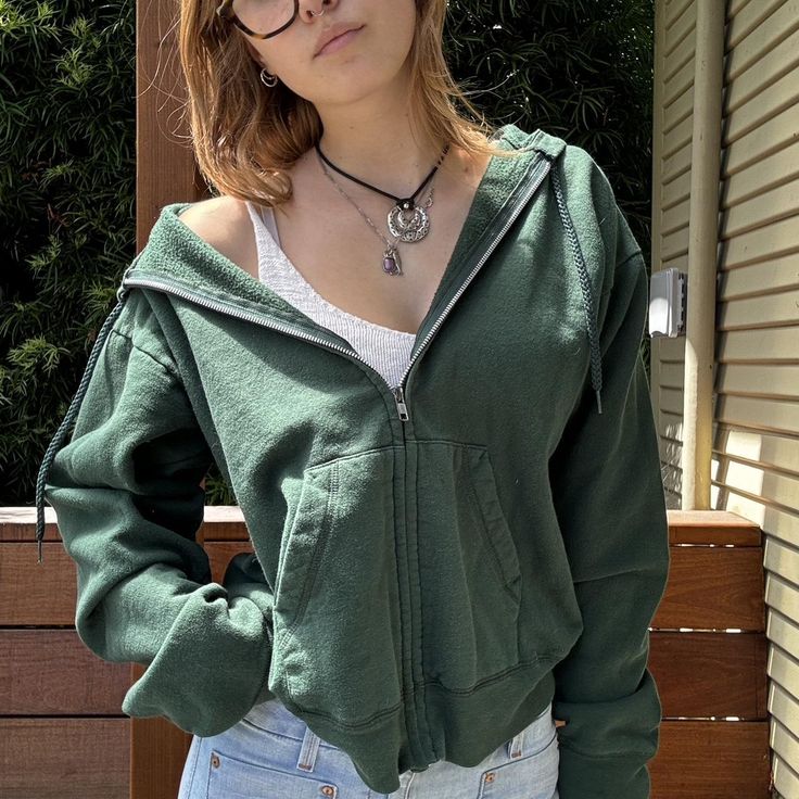 Green zip up hoodie - would best fit a... - Depop Dark Green Zip Up Hoodie Outfit, Green Crewneck Outfit, Green Zip Up Hoodie, Crewneck Outfit, Green Crewneck, Green Sweatshirt, Zip Up Hoodie, Zip Sweatshirt, Brandy