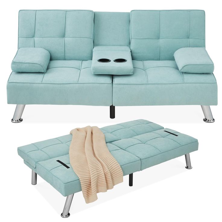 a couch and ottoman are shown in two different positions, one with a blanket on it