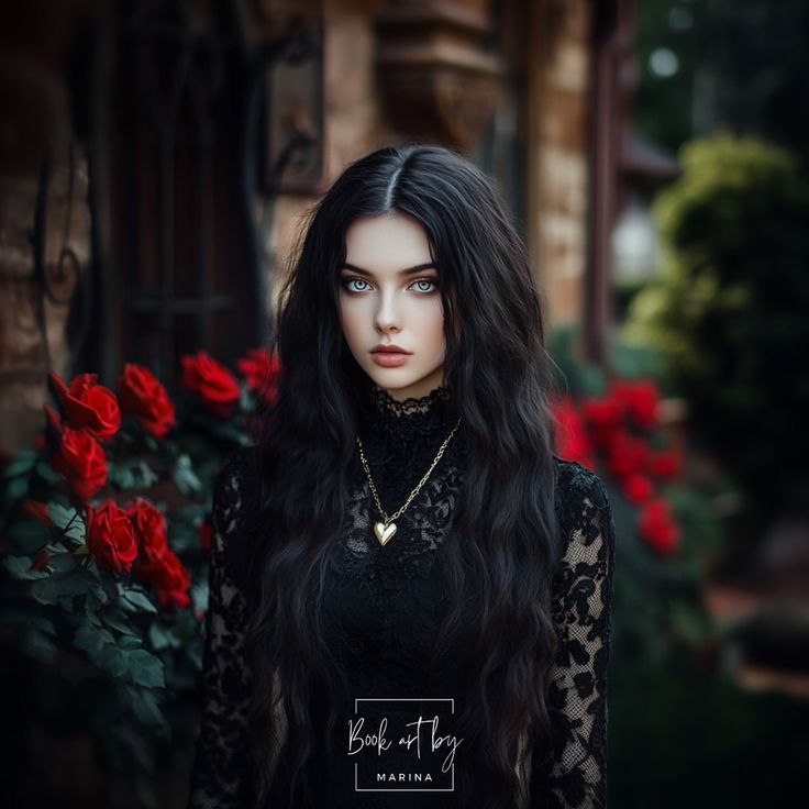 a woman with long black hair standing in front of red roses wearing a lace top