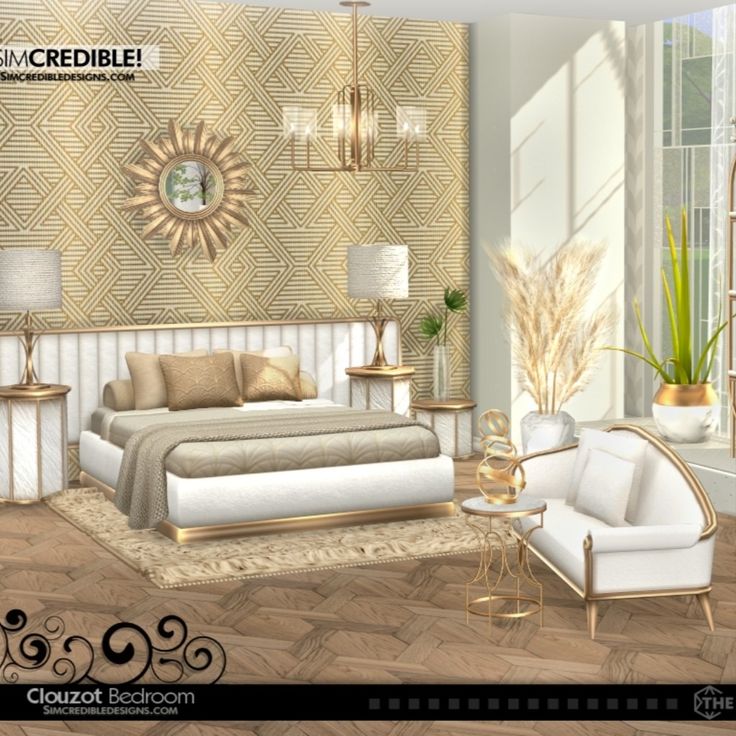 the bedroom is decorated in gold and white