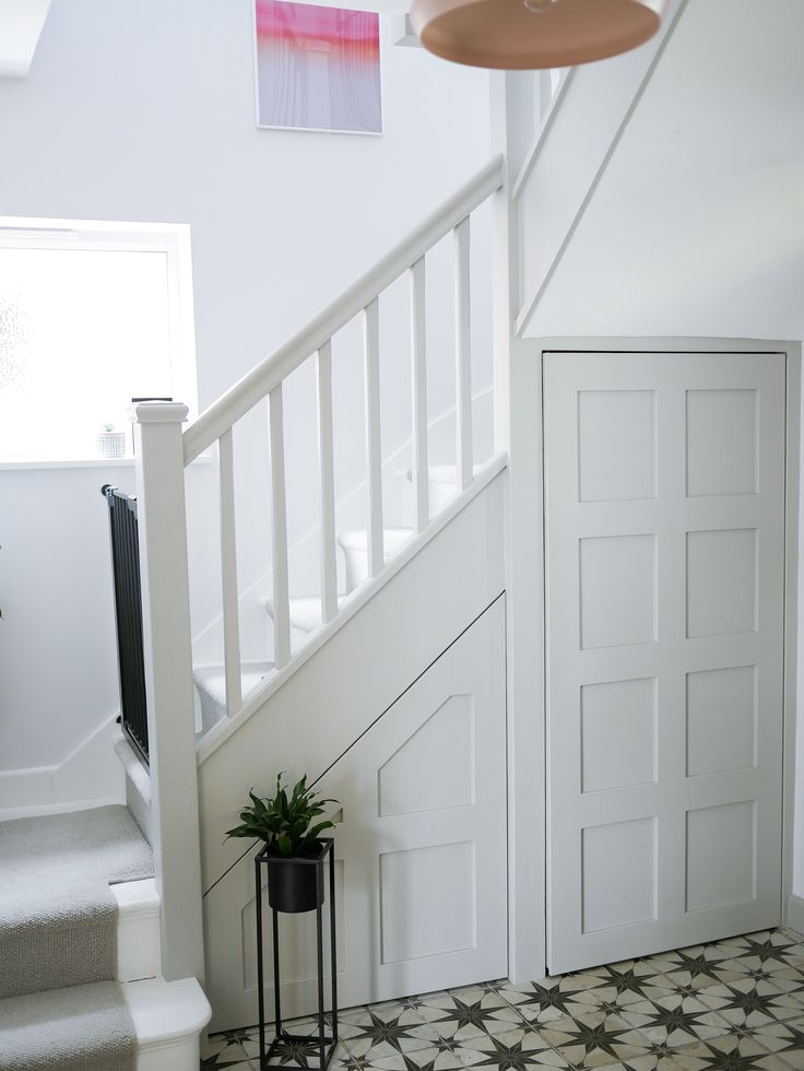 a plant is sitting on the floor in front of a door and stair case next to a potted plant