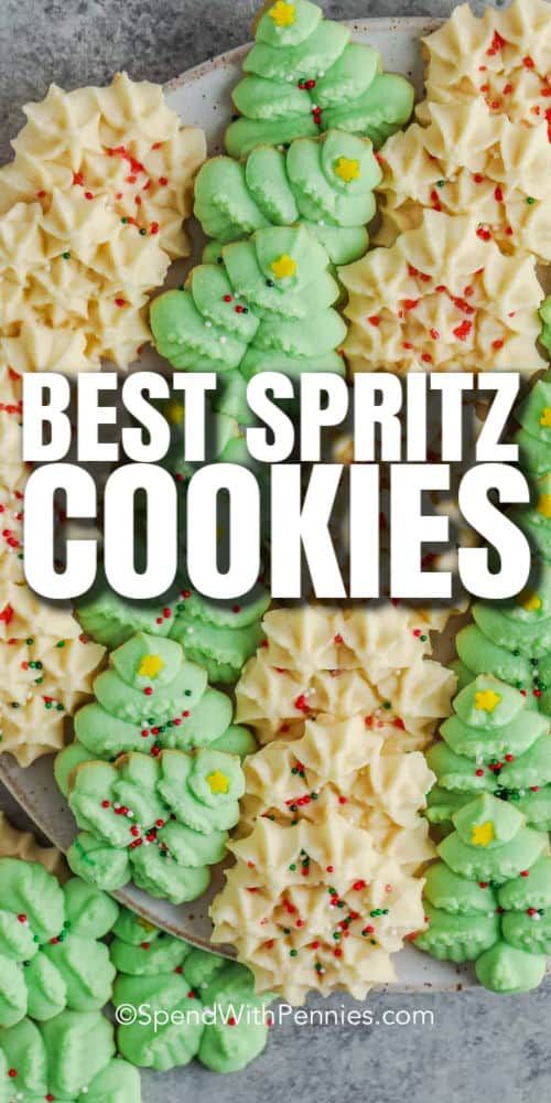 the best spritz cookies for christmas and new year's eve, with text overlay