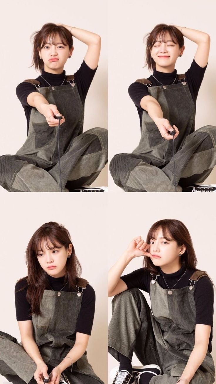 four pictures of a woman sitting on the floor with her hair in ponytails and wearing overalls