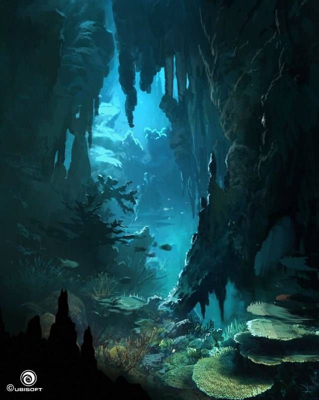 an underwater cave filled with lots of plants and rocks