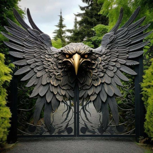 an eagle statue is on display in front of a gate with trees and bushes behind it