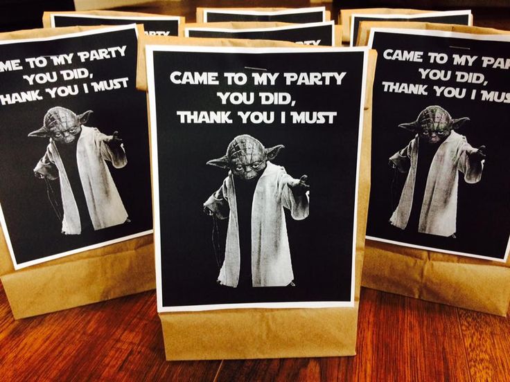 three star wars party thank you bags with yoda on them